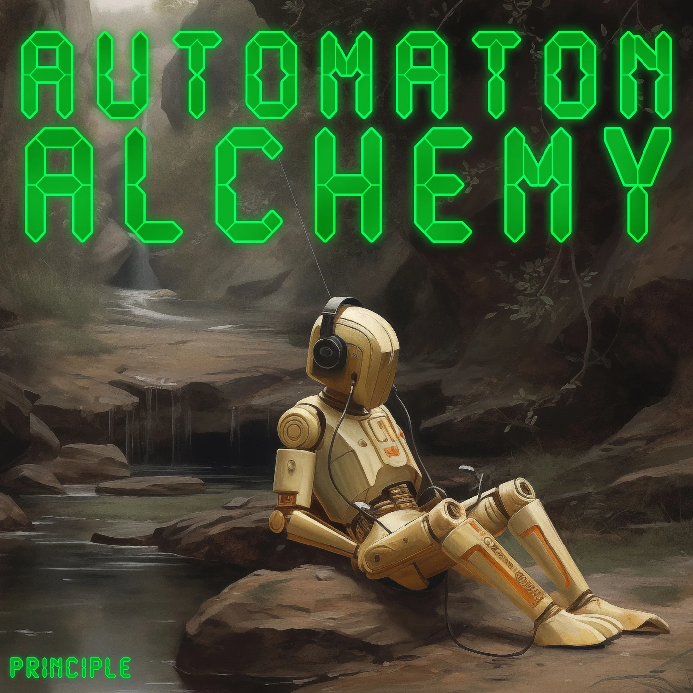 Principle album cover: a cream-colored robot in headphones sitting beside a rocky stream beneath neon-green Automaton Alchemy lettering